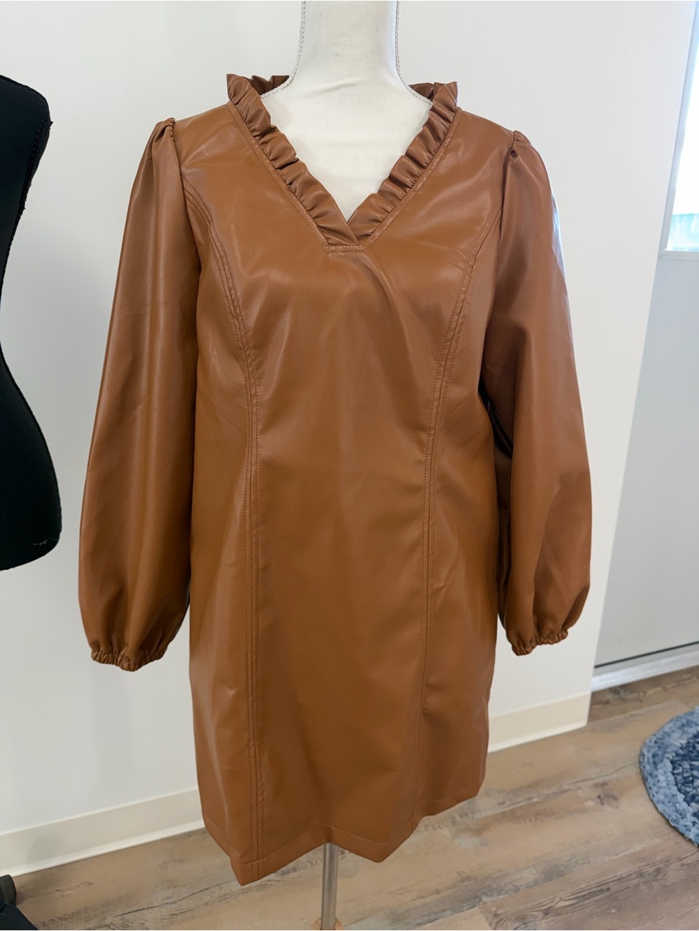 Lovelo Faux Leather Ruffle V-Neck Long Sleeve Dress - Tan